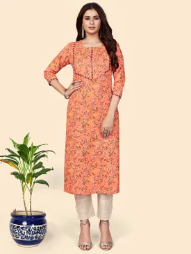 Women'S Print & Mirror Work Straight Cotton Orange Stitched Kurta