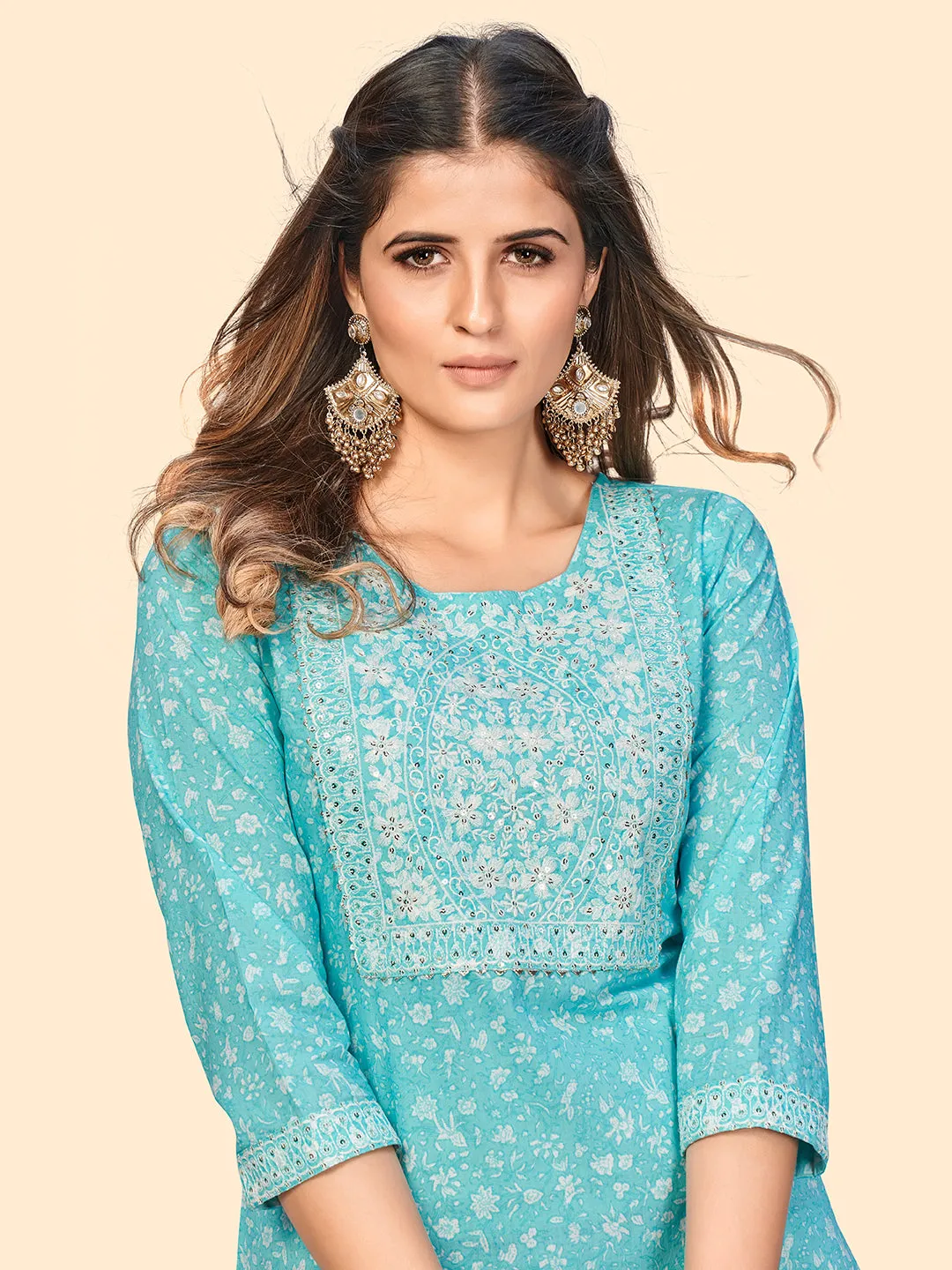 Women'S Print & Sequience Straight Cotton Sky Blue Stitched Kurta