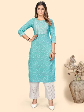 Women'S Print & Sequience Straight Cotton Sky Blue Stitched Kurta