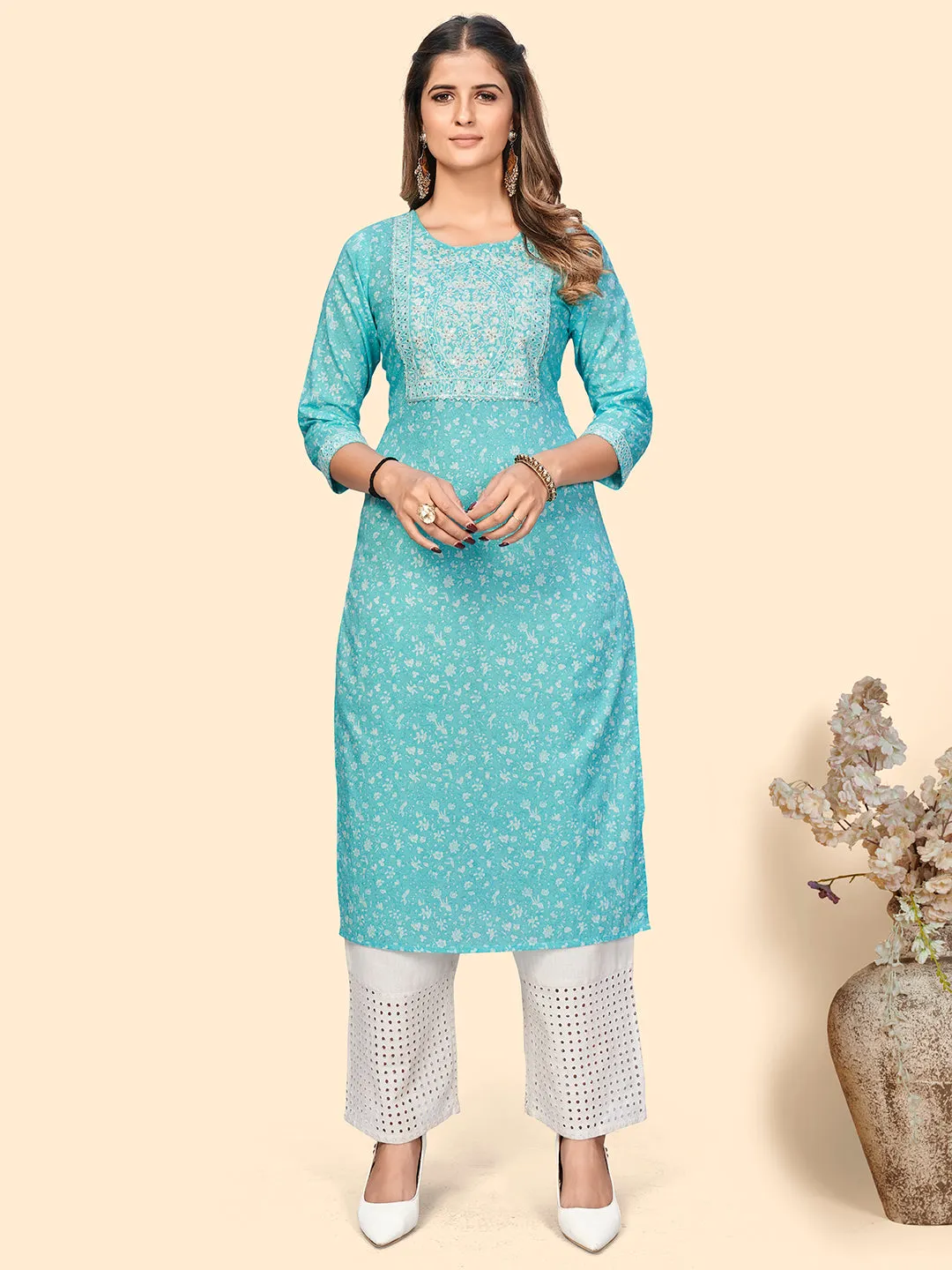 Women'S Print & Sequience Straight Cotton Sky Blue Stitched Kurta