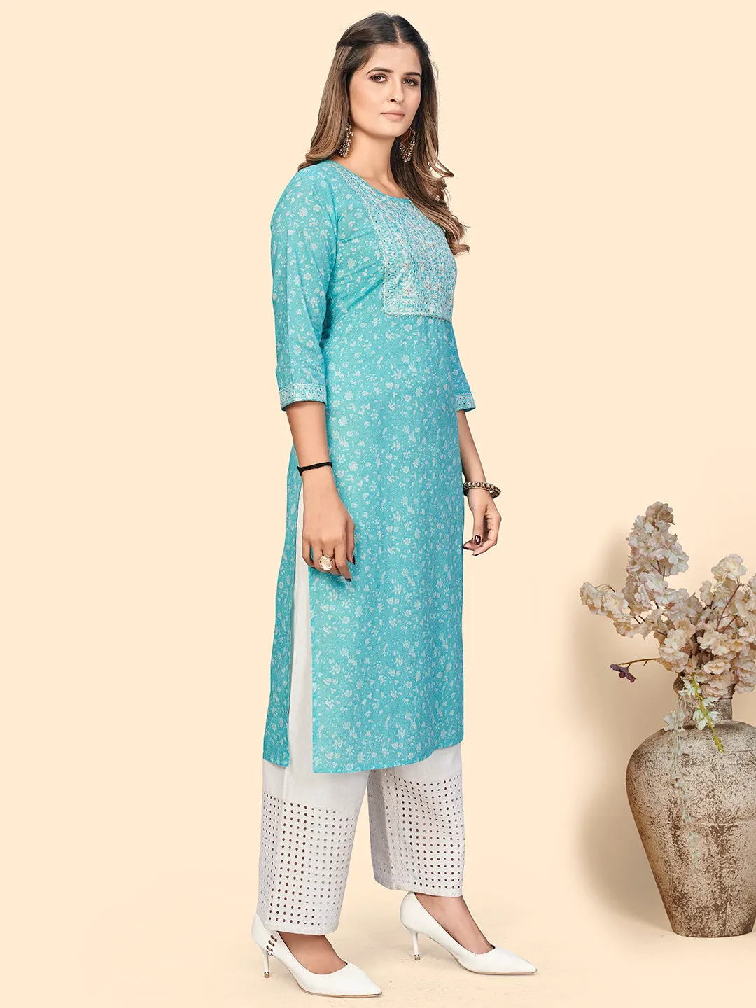 Women'S Print & Sequience Straight Cotton Sky Blue Stitched Kurta