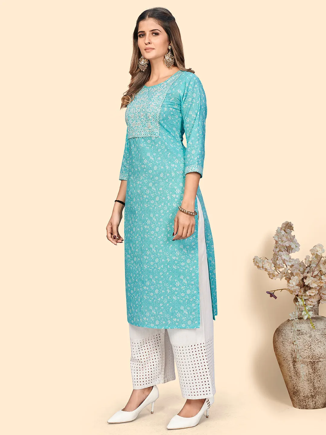 Women'S Print & Sequience Straight Cotton Sky Blue Stitched Kurta