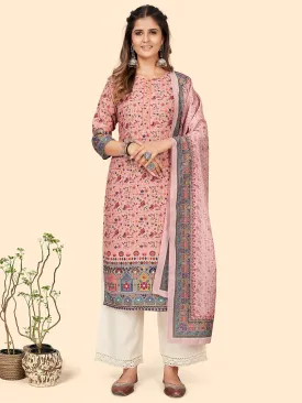 Women'S Print & Sequience Straight Musline Pink Stitched Kurta With Dupatta