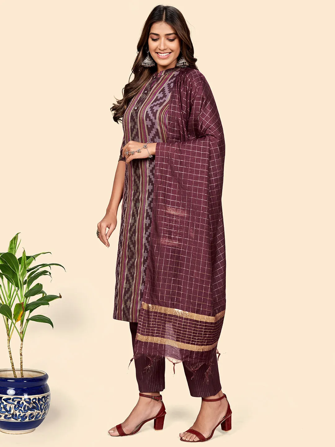 Women'S Print & Striped Straight Cotton Maroon Stitched Kurta Pant With Dupatta