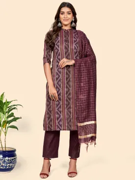 Women'S Print & Striped Straight Cotton Maroon Stitched Kurta Pant With Dupatta