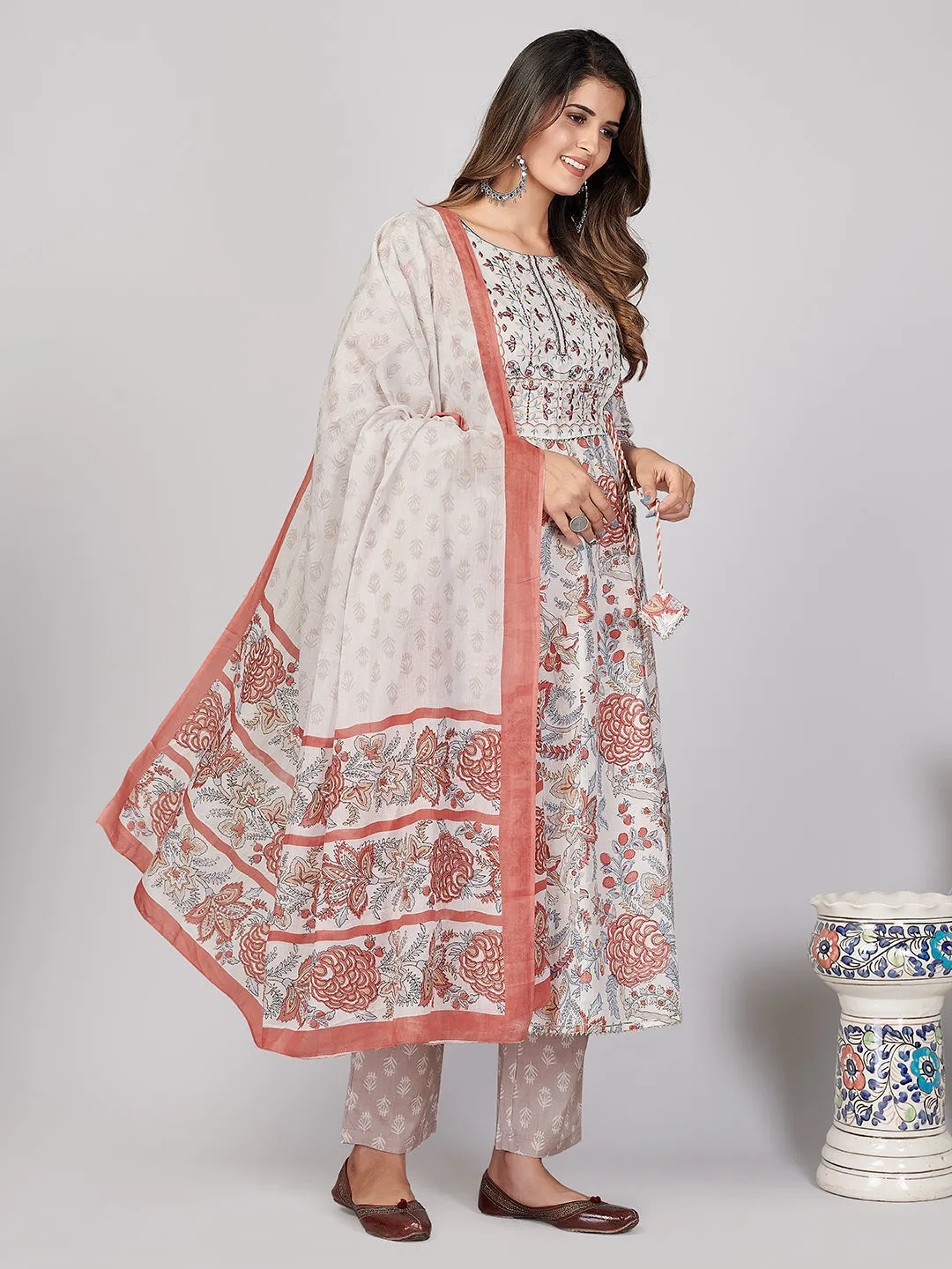 Women'S Printed & Embroidered & Mirror Work Anarkali Cotton White Stitched Kurta Pant With Dupatta