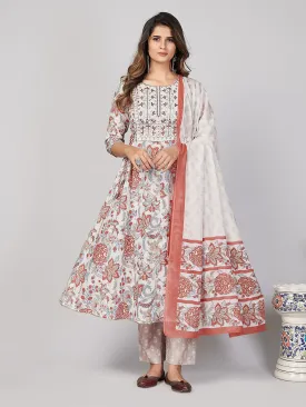 Women'S Printed & Embroidered & Mirror Work Anarkali Cotton White Stitched Kurta Pant With Dupatta