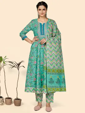 Women'S Printed & Embroidered Anarkali Cotton Turquoise Stitched Kurta Pant With Dupatta