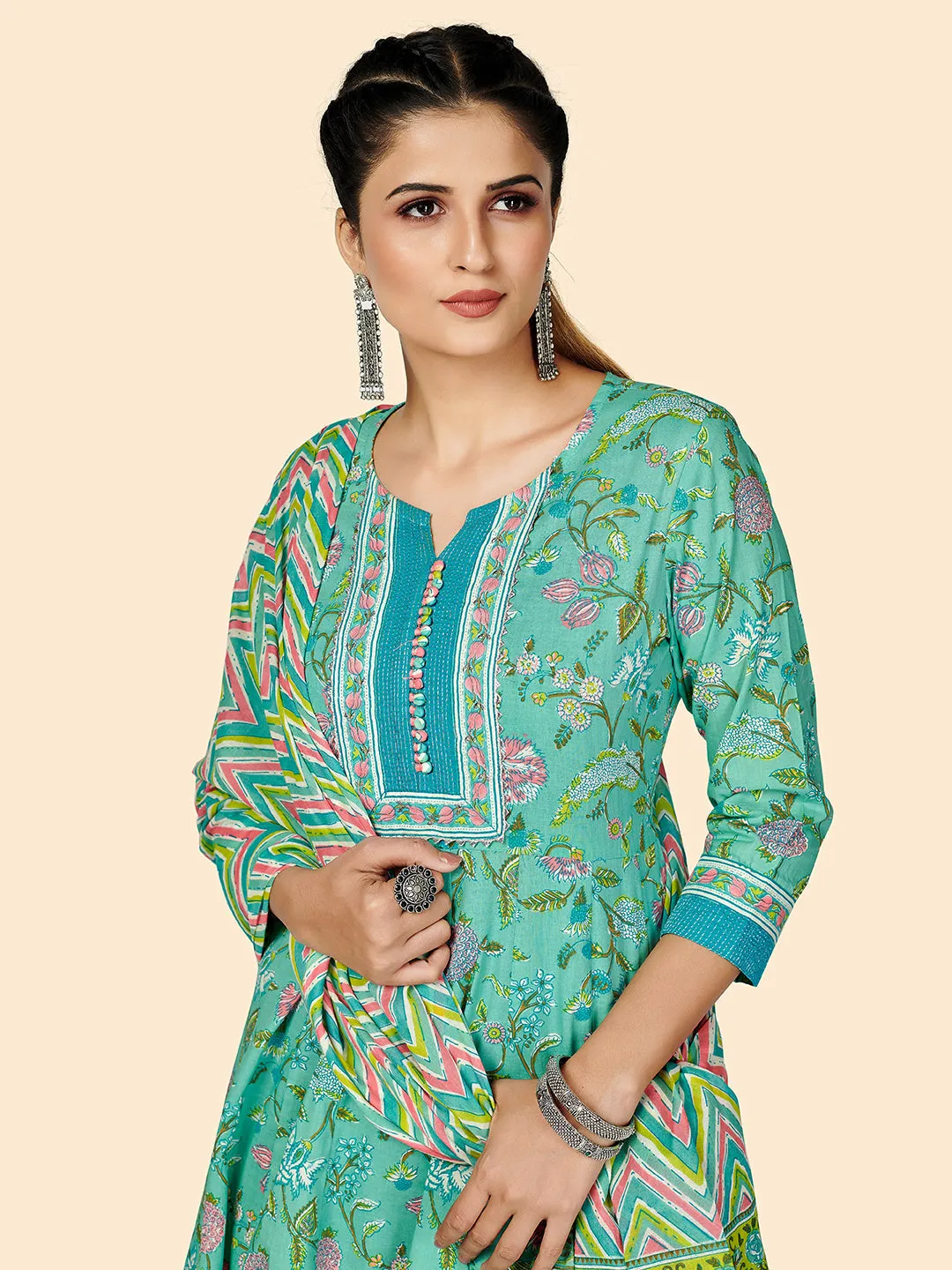 Women'S Printed & Embroidered Anarkali Cotton Turquoise Stitched Kurta Pant With Dupatta