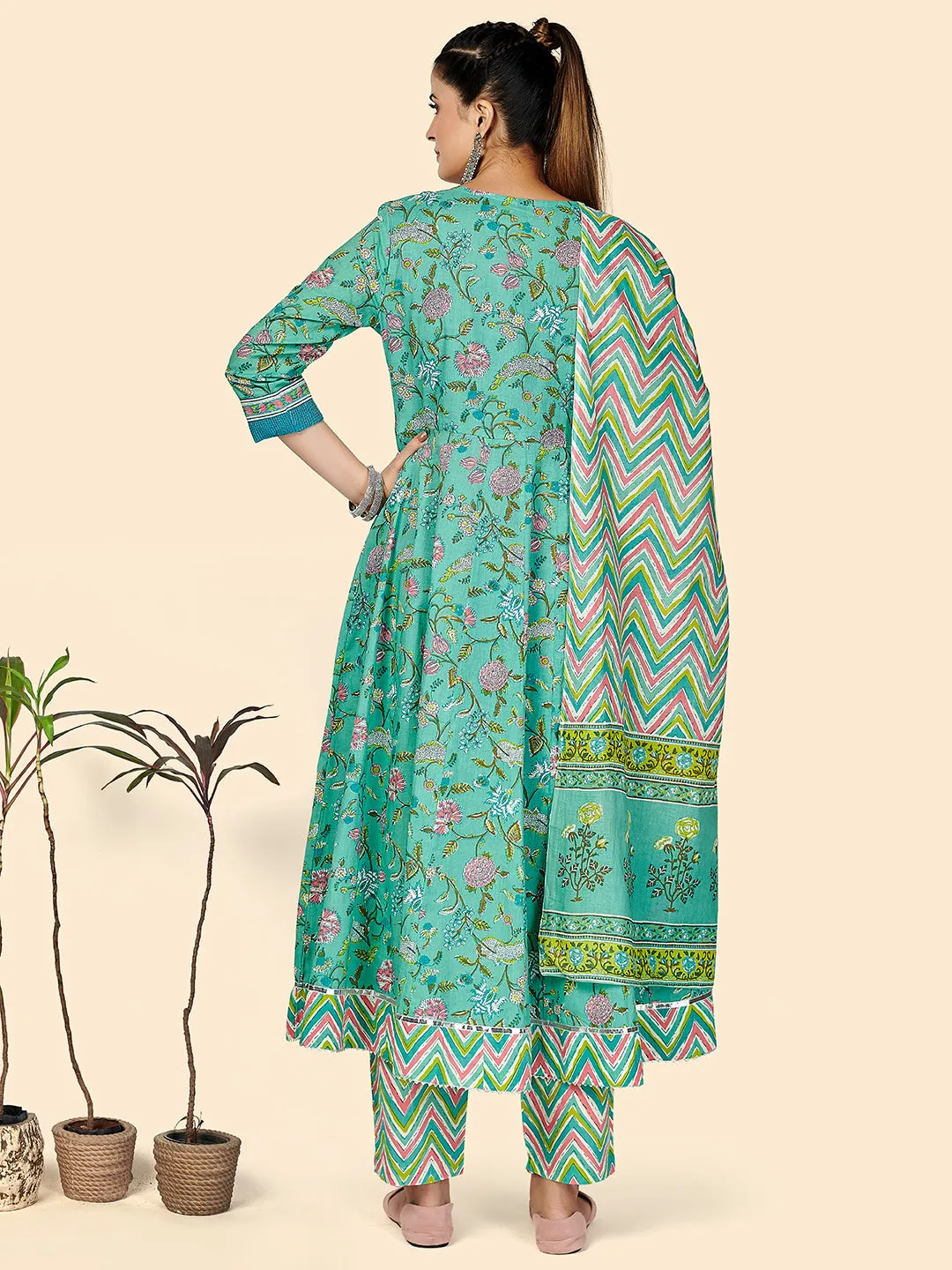 Women'S Printed & Embroidered Anarkali Cotton Turquoise Stitched Kurta Pant With Dupatta