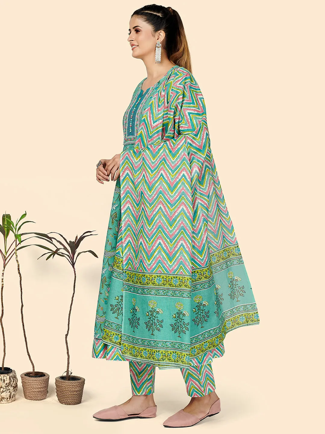 Women'S Printed & Embroidered Anarkali Cotton Turquoise Stitched Kurta Pant With Dupatta