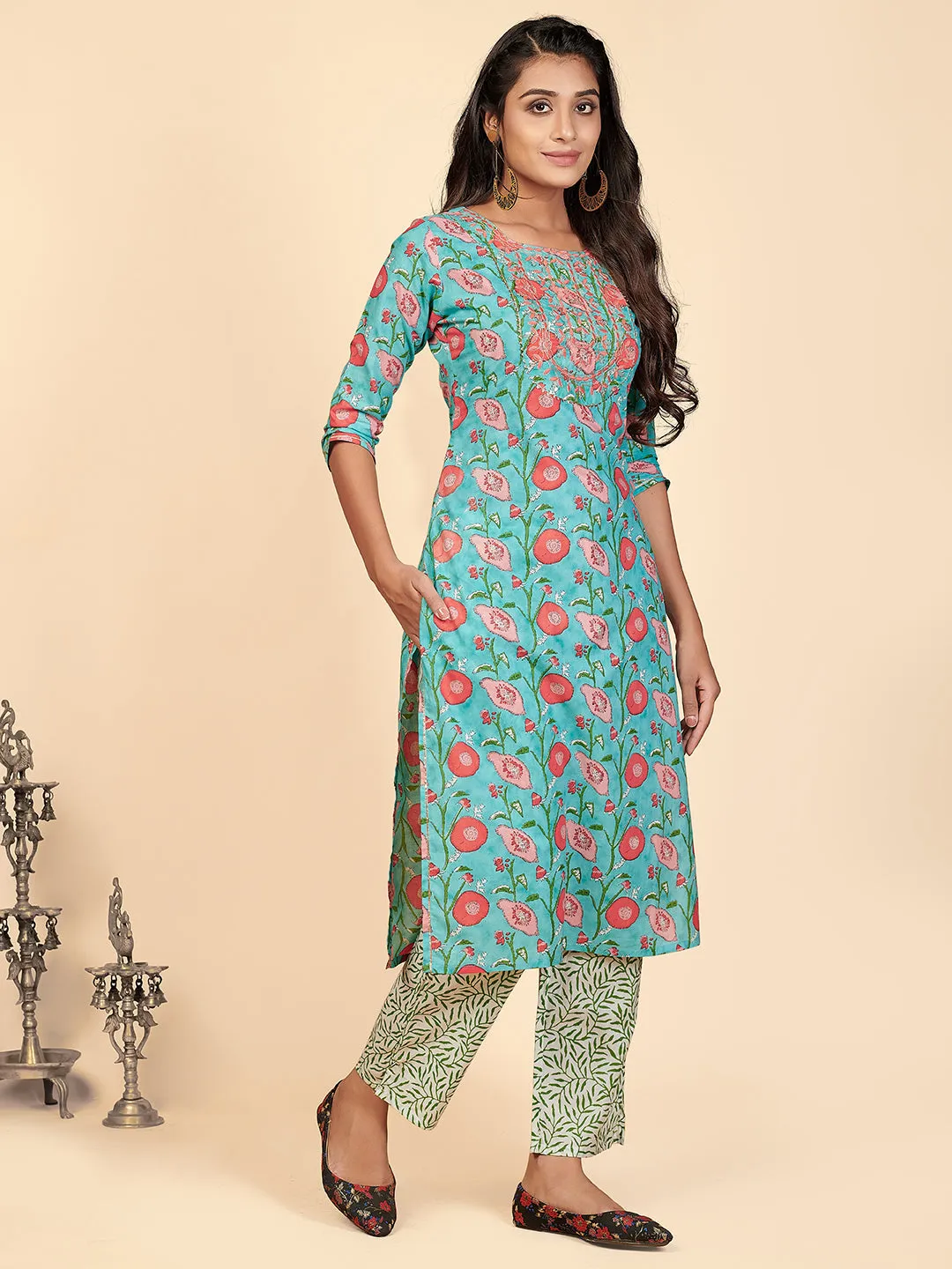 Women'S Printed & Embroidered Straight Cotton Aqua Stitched Kurta Pant With Dupatta