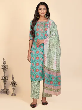 Women'S Printed & Embroidered Straight Cotton Aqua Stitched Kurta Pant With Dupatta