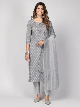 Women'S Printed & Embroidered Straight Cotton Grey Stitched Kurta Pant With Dupatta