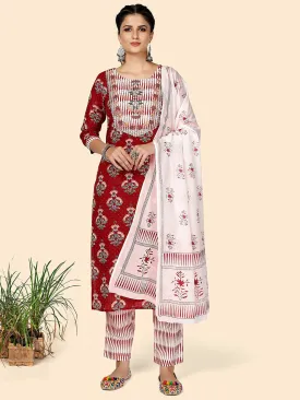 Women'S Printed & Embroidered Straight Cotton Red Stitched Kurta Pant With Dupatta