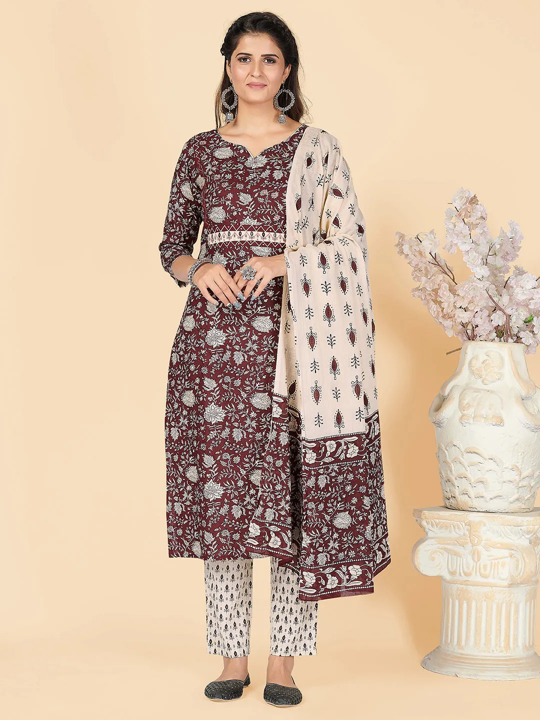 Women'S Printed & Embroidered Straight Cotton Wine Stitched Kurta Pant With Dupatta