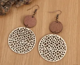 Wood Circle And Leatherette Dangle Earrings (Cream)