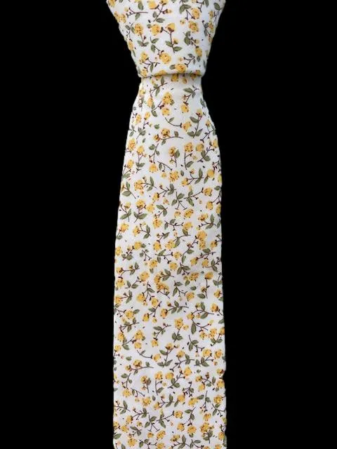 Yellow Flowers with Olive Green Leaves on Men's Tie